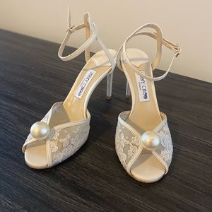 Jimmy choo Sacora 85 Ivory Floral Lace Sandals with Pearl Detail